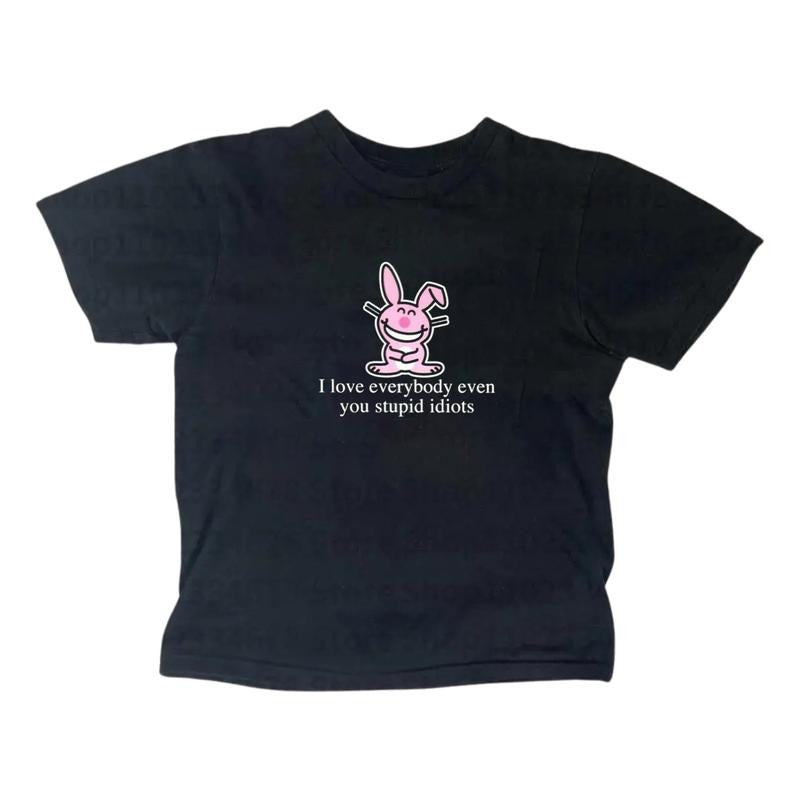 Happy Bunny I Love Everybody Baby Tee, Gothic Emo Girl, Scene Clothing 2000s, Casual Cotton Short Sleeve, Y2k Top Women Streetwear, Gift For Girlfriend