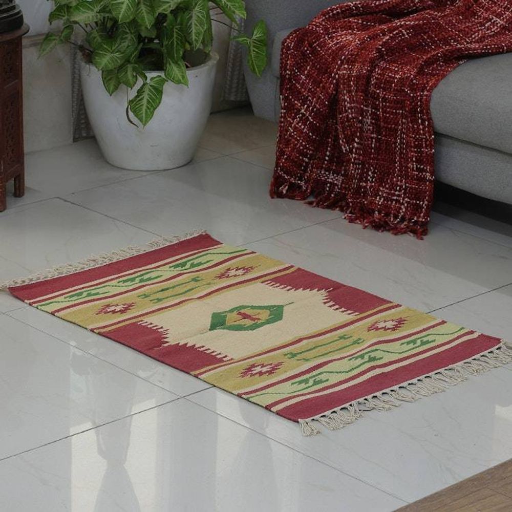 Hand-Loomed Geometric Fringed Cotton Dhurrie Area Rug 2x3 'Traditional Accents'