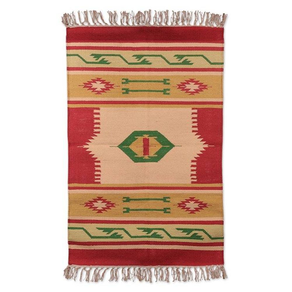 Hand-Loomed Geometric Fringed Cotton Dhurrie Area Rug 2x3 'Traditional Accents'