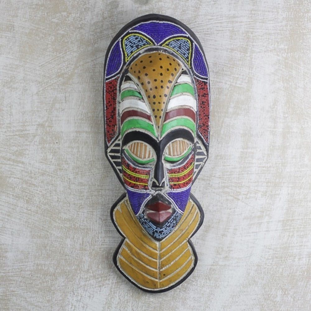 Sese Wood and Recycled Glass Beaded Wall Mask from Ghana 'Sinethemba'