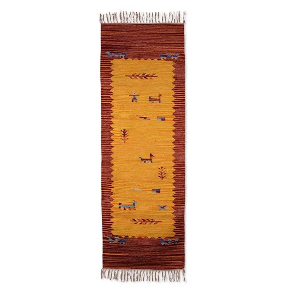 Folk Art-Inspired 2x6 100 Cotton Fringed Dhurrie Runner Rug 'Pastoral Harmony'