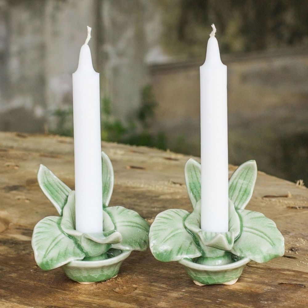 Green Celadon Ceramic Orchid Shaped Candle Holders Pair 'Thai Jade Orchids'