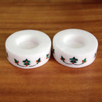 Round Marble Tealight Holder with Green Blooming Buds Pair 'Floral Symmetry in Green'