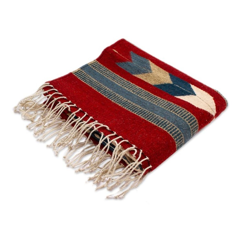 Artisan-Made Zapotec-Themed Russet and Blue Wool Rug 2.5x4 'Russet Gem'
