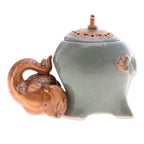 Crackled Elephant-Themed Green Ceramic Oil Warmer 'The Giant's Green Palace'