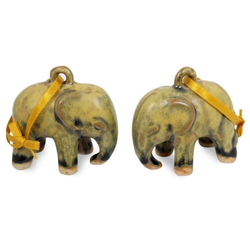 Mottled Yellow Celadon Ceramic Ornaments Pair 'Yellow Elephant'
