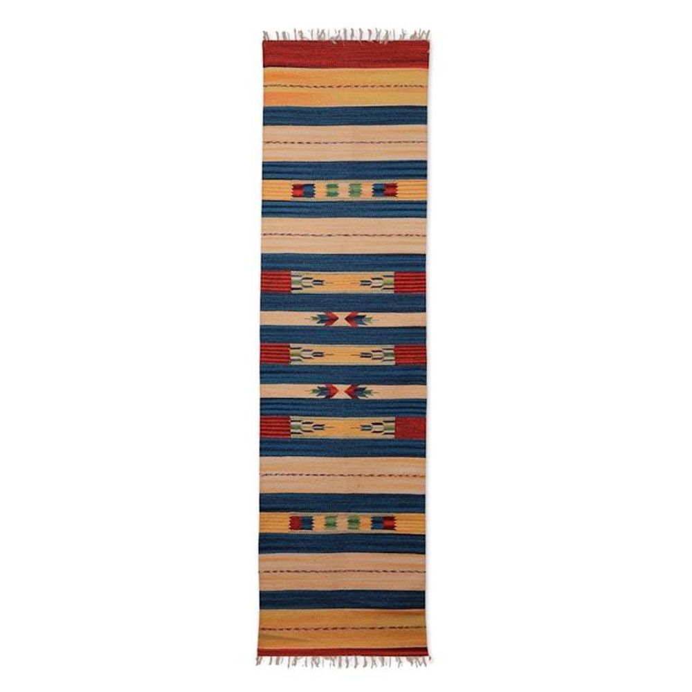 Handwoven Geometric Fringed Cotton Dhurrie Runner 2x7 'Geometric Floral Harmony'