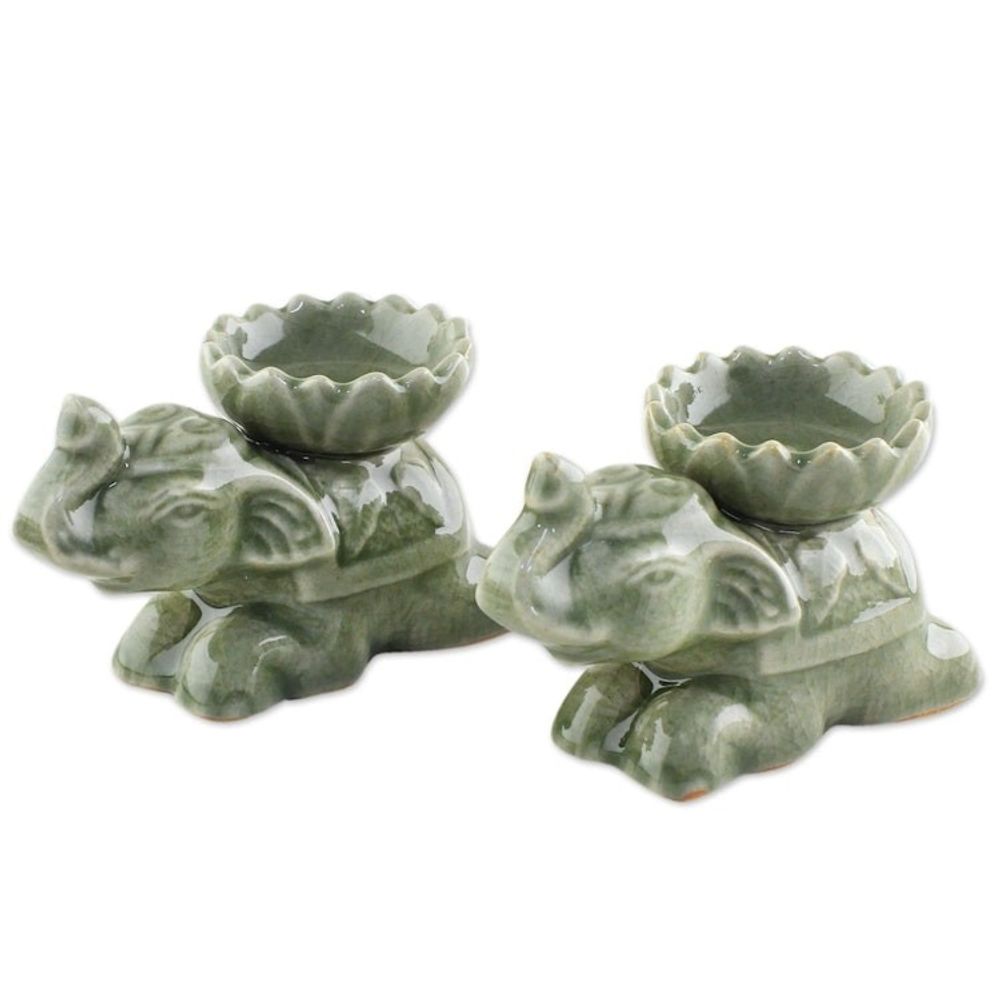 Green Ceramic Elephant Incense Holders Pair 'Polite Elephants'