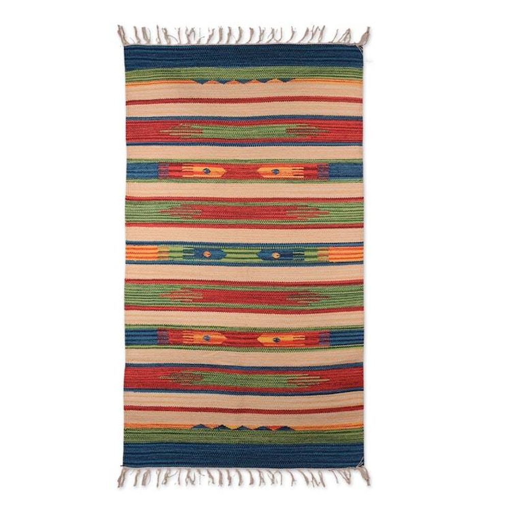 Folk Art Geometric Dhurrie Rug Hand-Woven in Cotton 2x4 'Rainbow Fantasy'