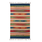 Folk Art Geometric Dhurrie Rug Hand-Woven in Cotton 2x4 'Rainbow Fantasy'