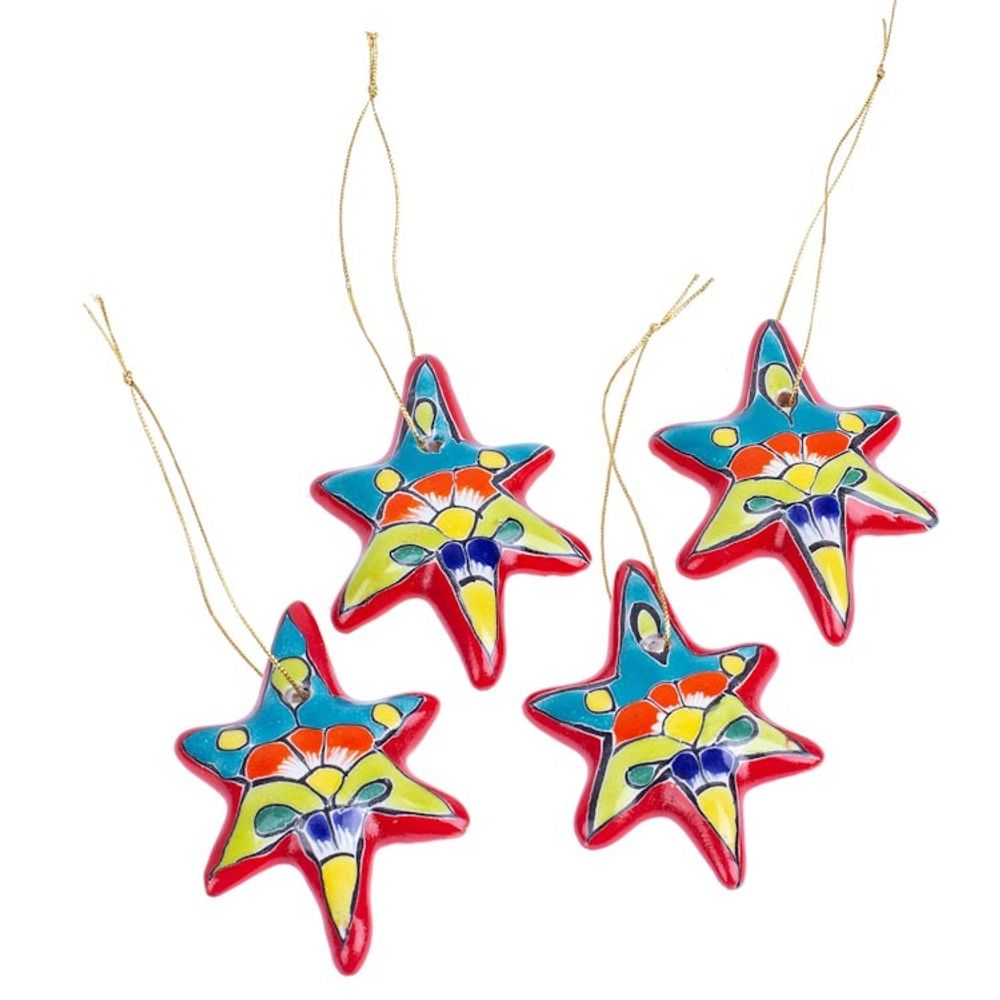 Set of 4 Handcrafted Ceramic Talavera Star Ornaments in Red 'Floral Sunrise'
