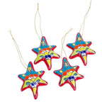 Set of 4 Handcrafted Ceramic Talavera Star Ornaments in Red 'Floral Sunrise'