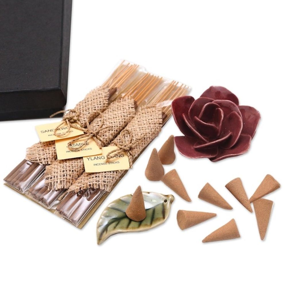 Incense and Ceramic Holders Gift Set 'Burgundy Rose'