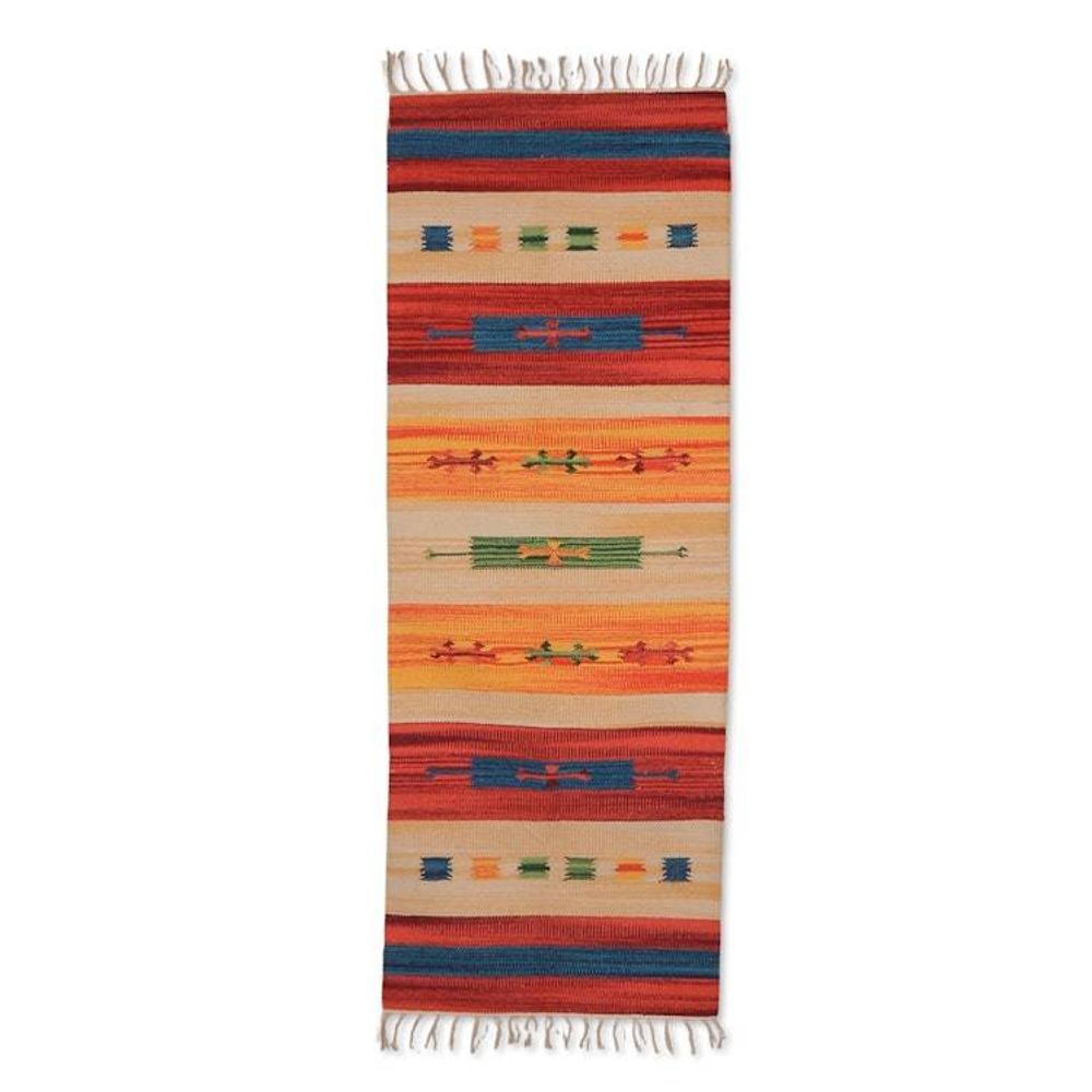 Artisan-Made 2x5 Striped 100 Cotton Fringed Dhurrie Rug 'Sunset Feelings'