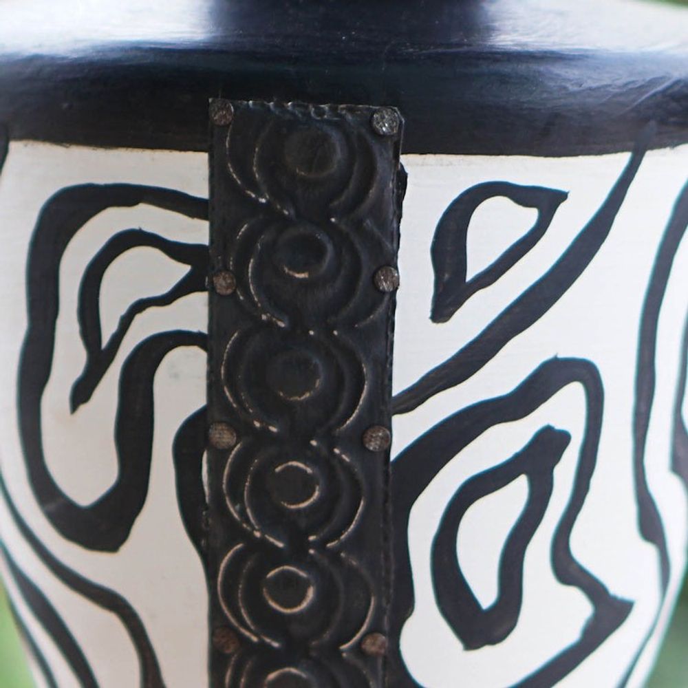 Wood Candle Holder with Embossed Aluminum Accents from Ghana 'African Wilderness'