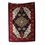 Classic Geometric Strawberry and Navy Wool Area Rug 4x6 'Striking Symmetry'