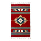 Artisan-Made Zapotec-Themed Russet and Blue Wool Rug 2.5x4 'Russet Gem'