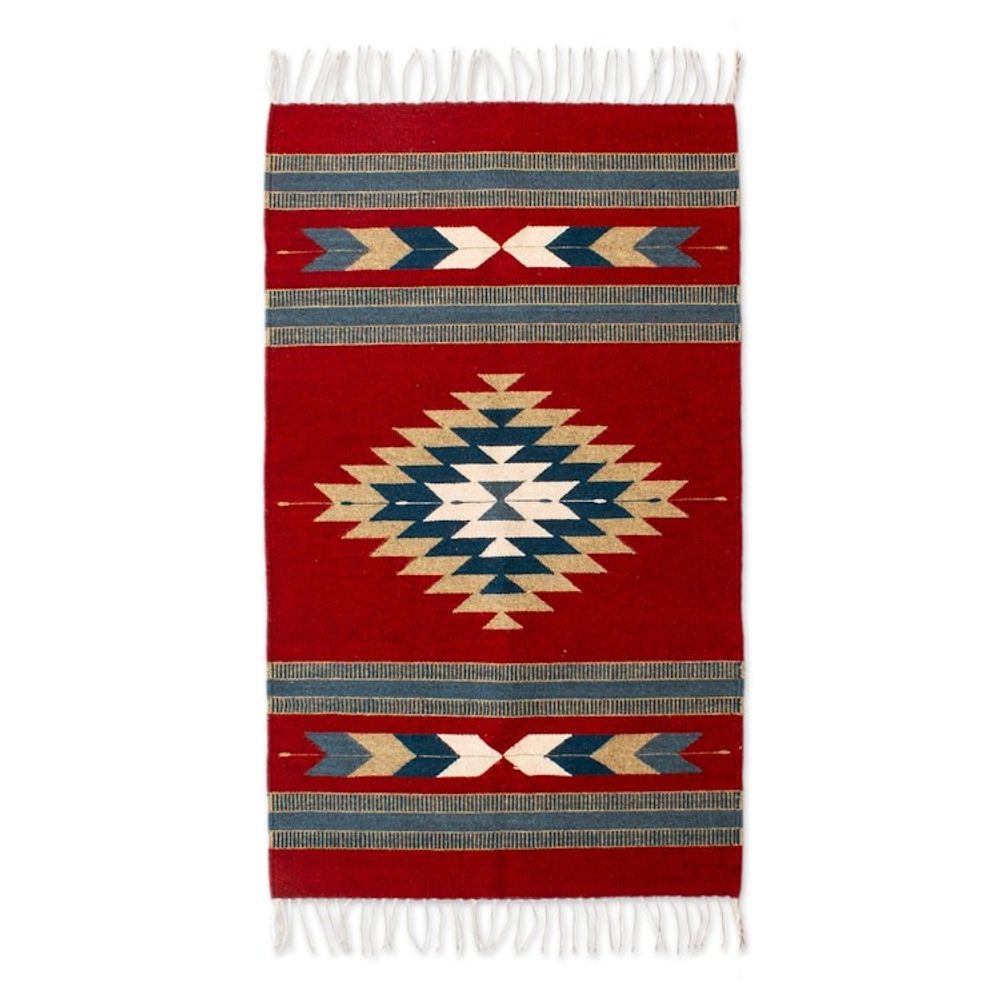 Artisan-Made Zapotec-Themed Russet and Blue Wool Rug 2.5x4 'Russet Gem'