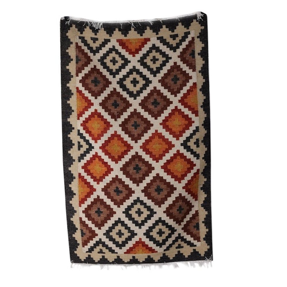 Handloomed Diamond-Patterned Alabaster and Black Wool Rug 'Paradise Enchantment'