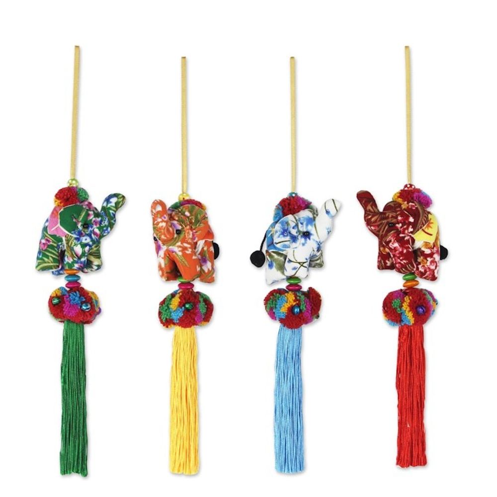 Set of 4 Multicolor Thai Elephant Ornaments Crafted by Hand 'Happy Lanna Elephants'