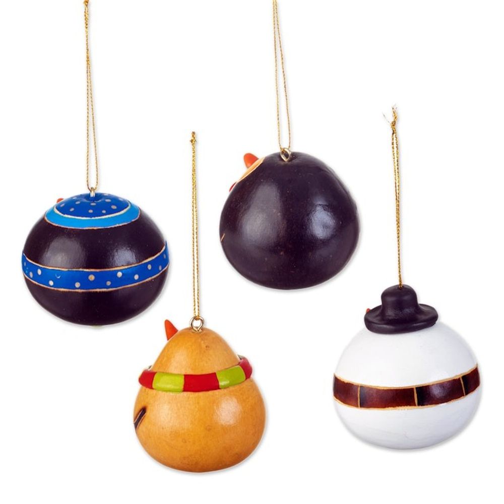 Set of 4 Dried Gourd Holiday Ornaments Handmade in Peru 'Holiday Friends'