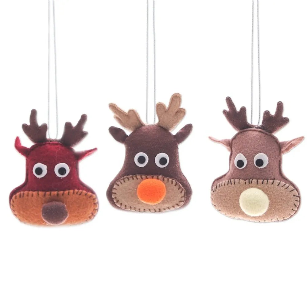 Set of Three Brown and Red Felt Reindeer Ornaments 'Reindeer Party'