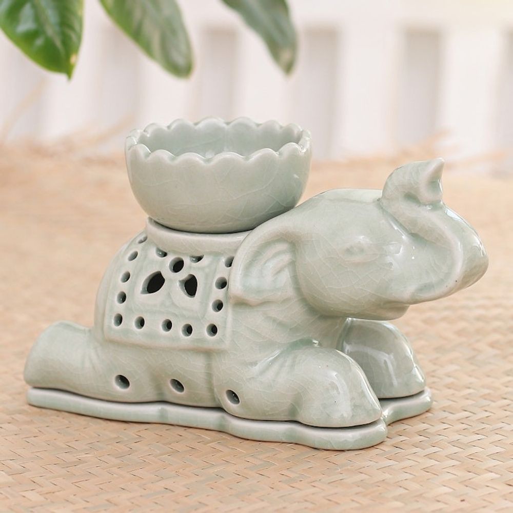 Handcrafted Celadon Oil Warmer 'Royal Elephant'