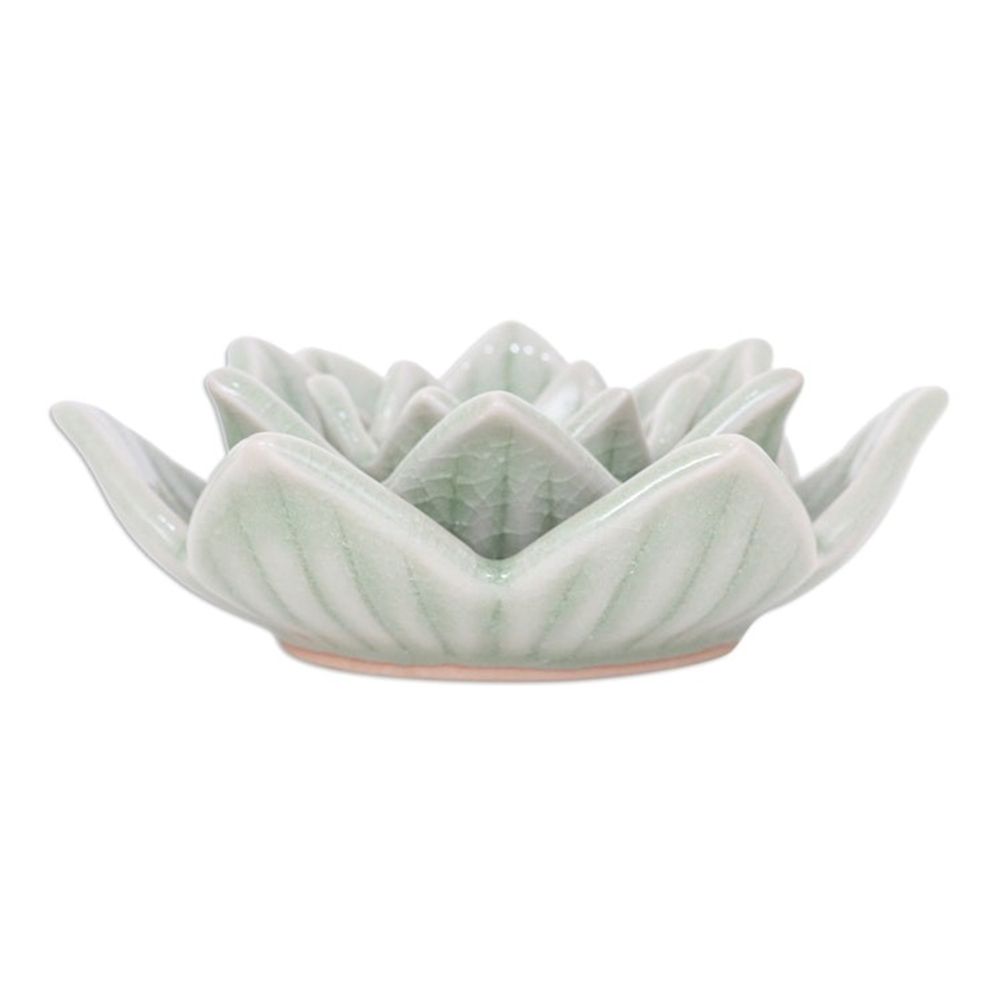 Celadon Ceramic Green Candle Holder Handmade in Thailand 'Lotus Flower in Green'