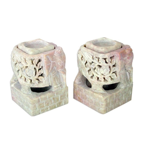 Animal Themed Candle Holder Soapstone Elephant Pair Set 'Floral Elephants'