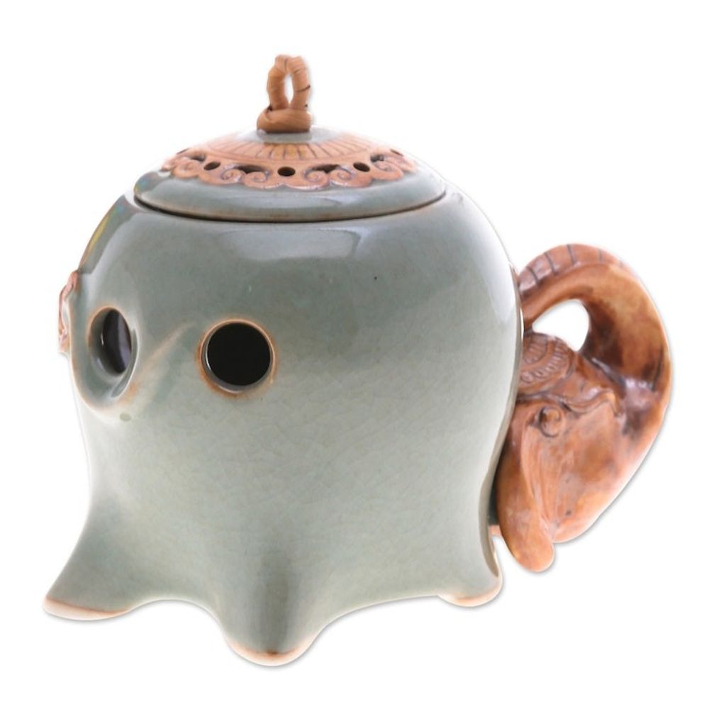 Crackled Elephant-Themed Green Ceramic Oil Warmer 'The Giant's Green Palace'