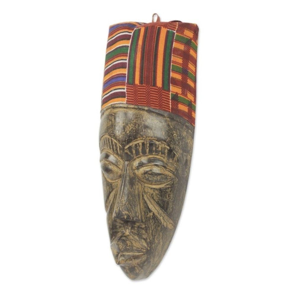 Hand Carved African Mask with Ghanaian Kente Cloth 'Frafra Identity'