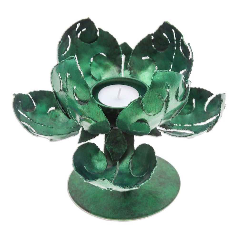Green Lotus-Themed Iron Tealight Candleholder from Thailand 'Vitality Lotus'