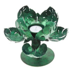Green Lotus-Themed Iron Tealight Candleholder from Thailand 'Vitality Lotus'