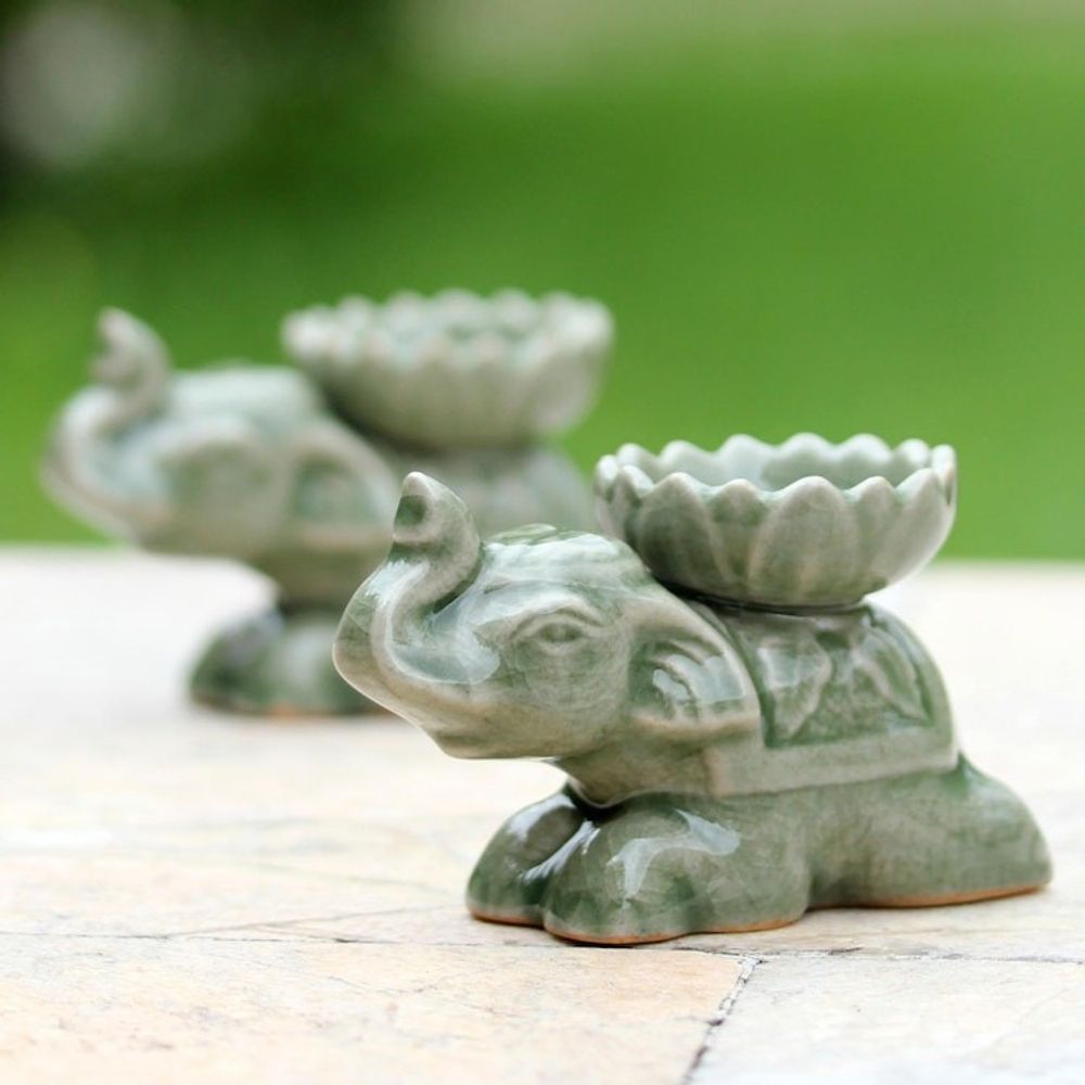 Green Ceramic Elephant Incense Holders Pair 'Polite Elephants'
