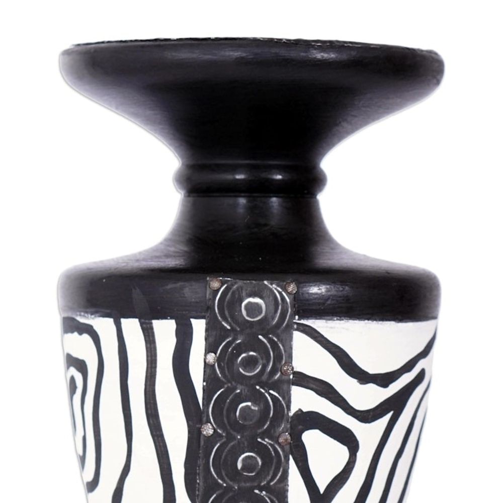 Wood Candle Holder with Embossed Aluminum Accents from Ghana 'African Wilderness'
