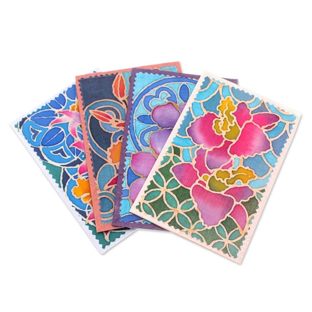 Set of 4 Batik Cotton and Paper Orchid Greeting Cards 'Intense Orchids'