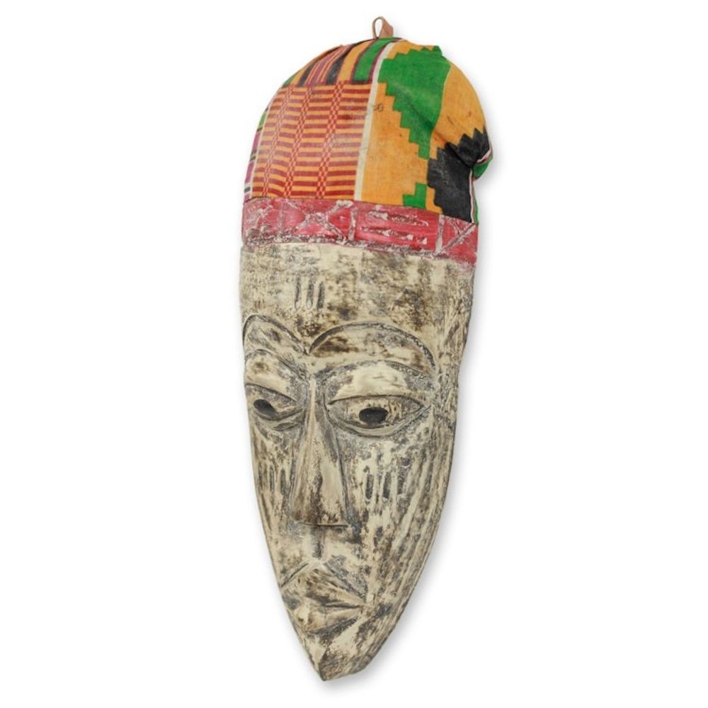 Ewe Tribal African Mask with Kente Cloth from Ghana 'Elder Ewe Gentleman'