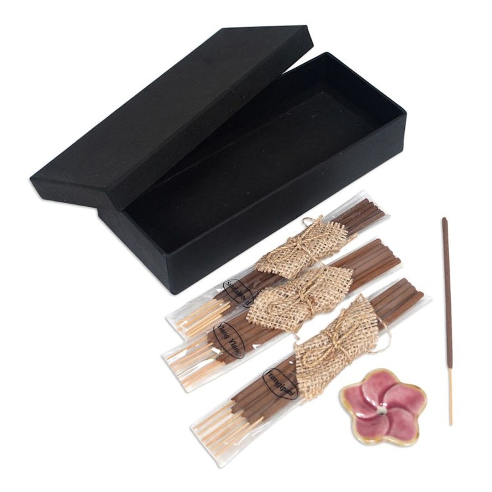 Incense Set with 18 Sticks and a Pink Floral Ceramic Holder 'Frangipani Sweetness'