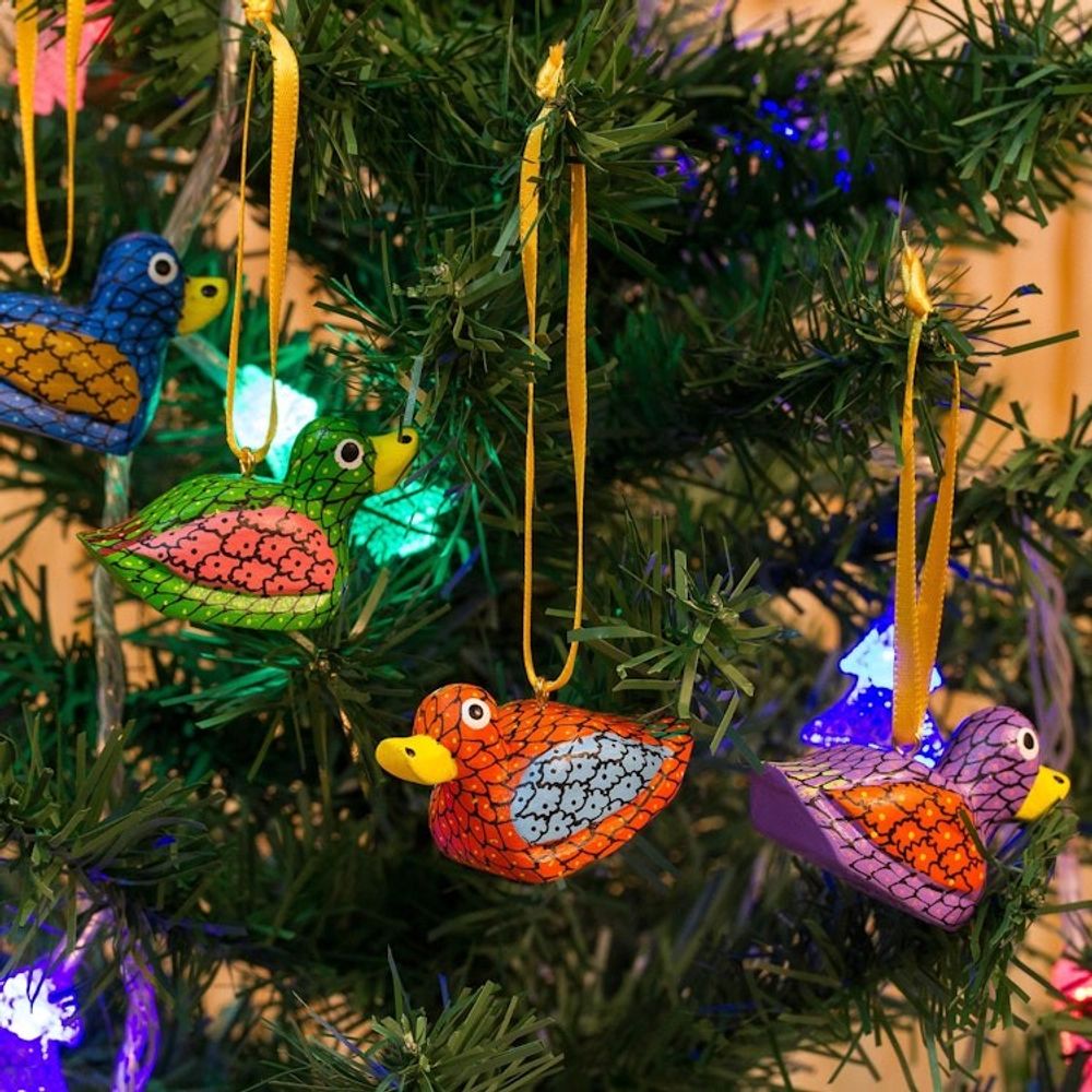Painted Wood Alebrije Duck Ornaments Set of 5 from Mexico 'Sweet Ducks'