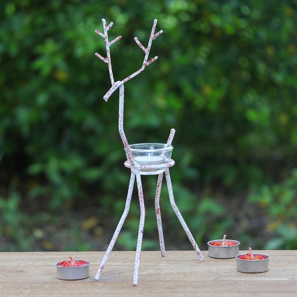 Handcrafted Iron Reindeer Tealight Holder in White and Red 'Winter Reindeer in Red'