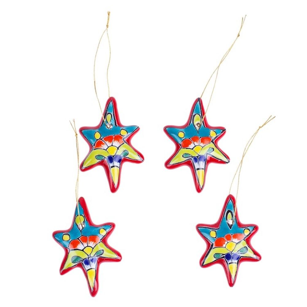 Set of 4 Handcrafted Ceramic Talavera Star Ornaments in Red 'Floral Sunrise'