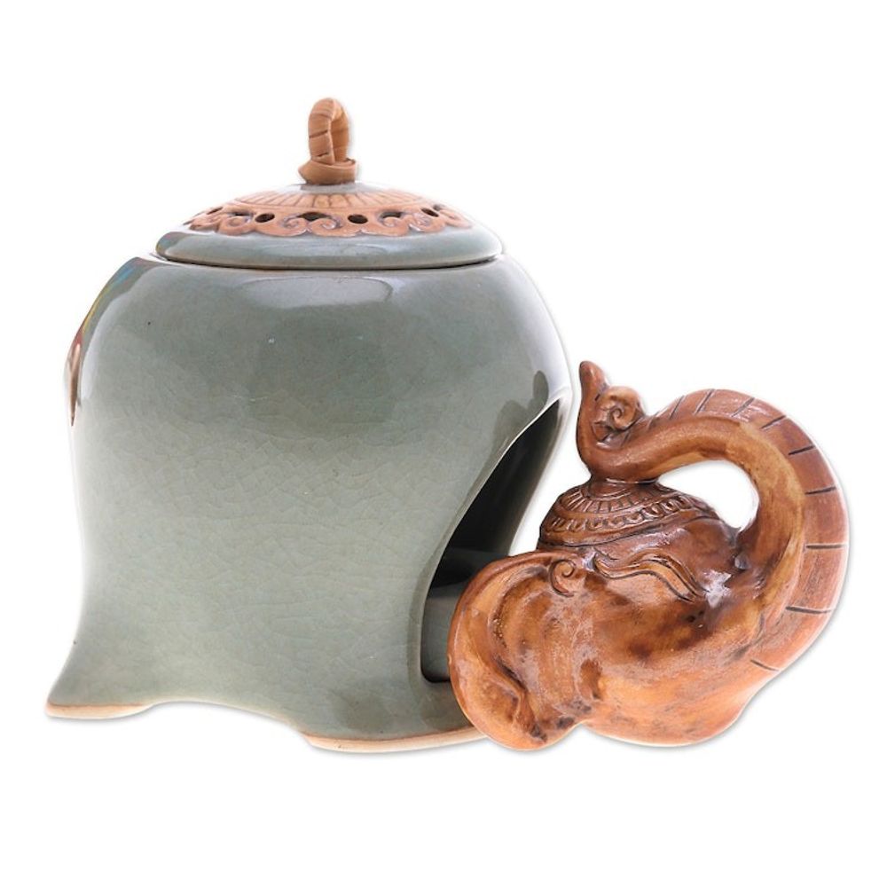 Crackled Elephant-Themed Green Ceramic Oil Warmer 'The Giant's Green Palace'