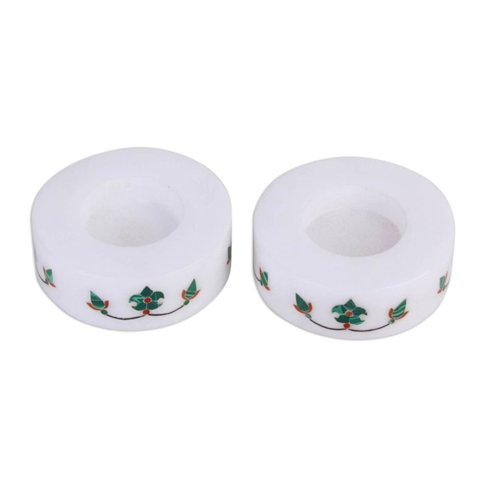 Round Marble Tealight Holder with Green Blooming Buds Pair 'Floral Symmetry in Green'