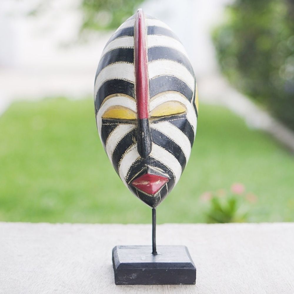 Striped African Sese Wood Mask with Stand 'Zebra Visage'