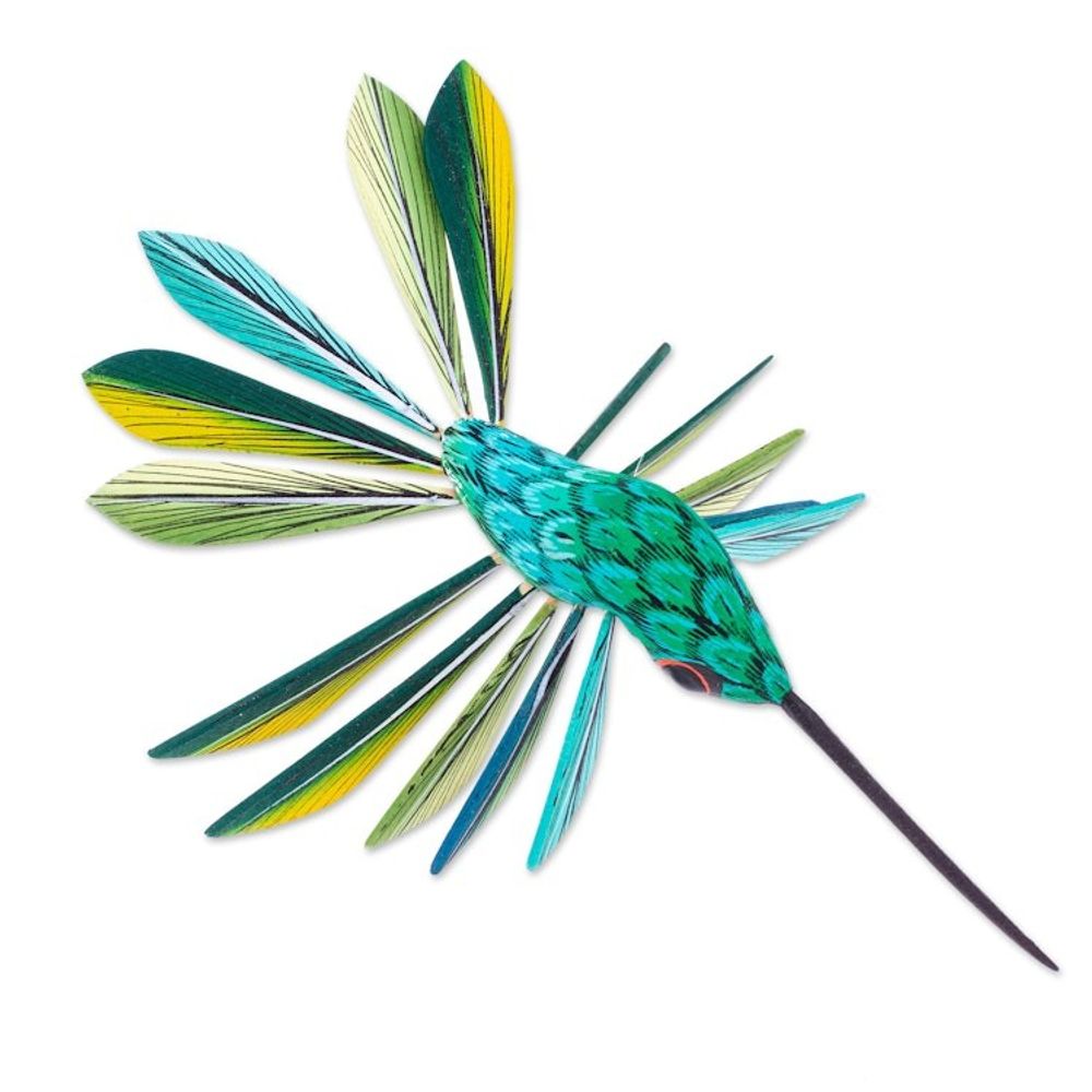 Hand-Painted Green Copal Wood Alebrije Bird Ornament 'Jungle Plumage'