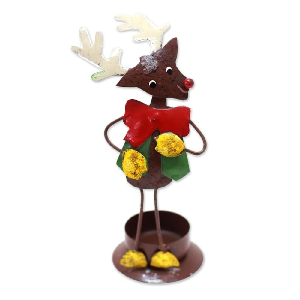 Handcrafted Steel Rudolph Tealight Holder from Bali 'Dapper Reindeer'