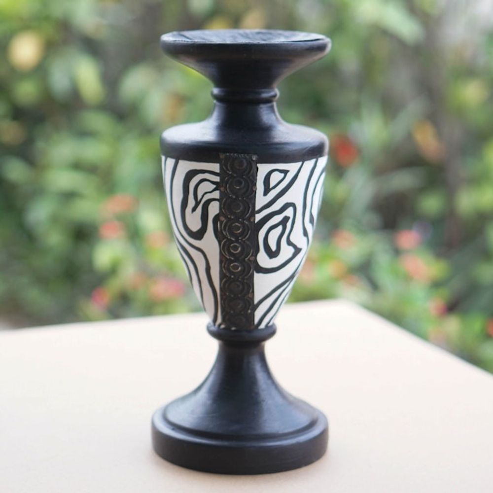 Wood Candle Holder with Embossed Aluminum Accents from Ghana 'African Wilderness'