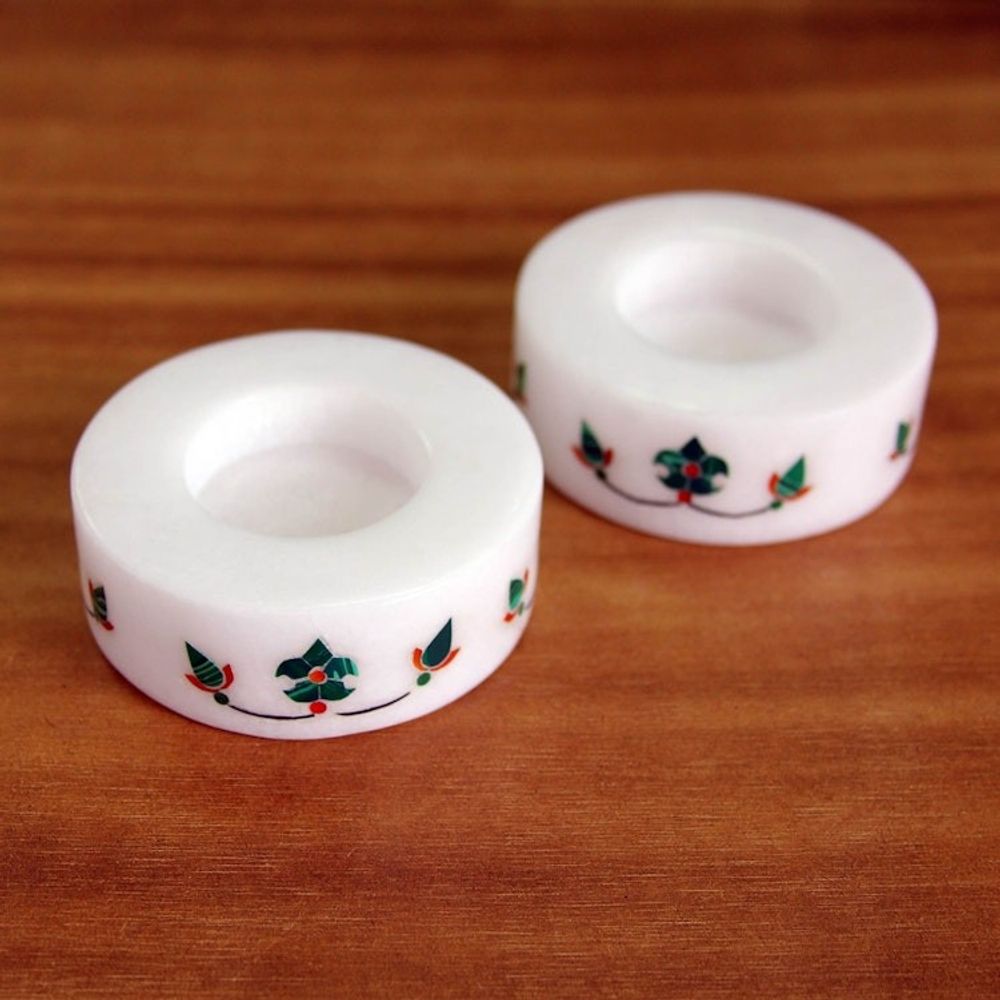 Round Marble Tealight Holder with Green Blooming Buds Pair 'Floral Symmetry in Green'