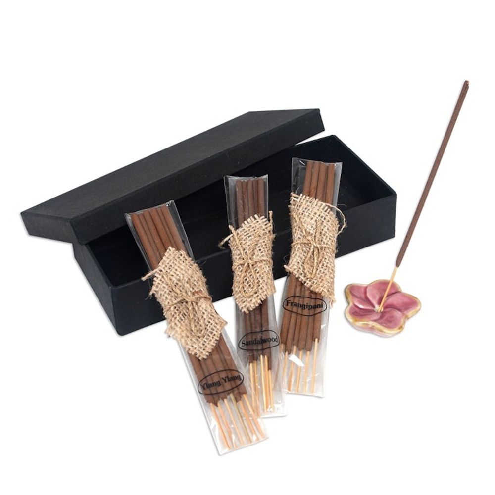 Incense Set with 18 Sticks and a Pink Floral Ceramic Holder 'Frangipani Sweetness'