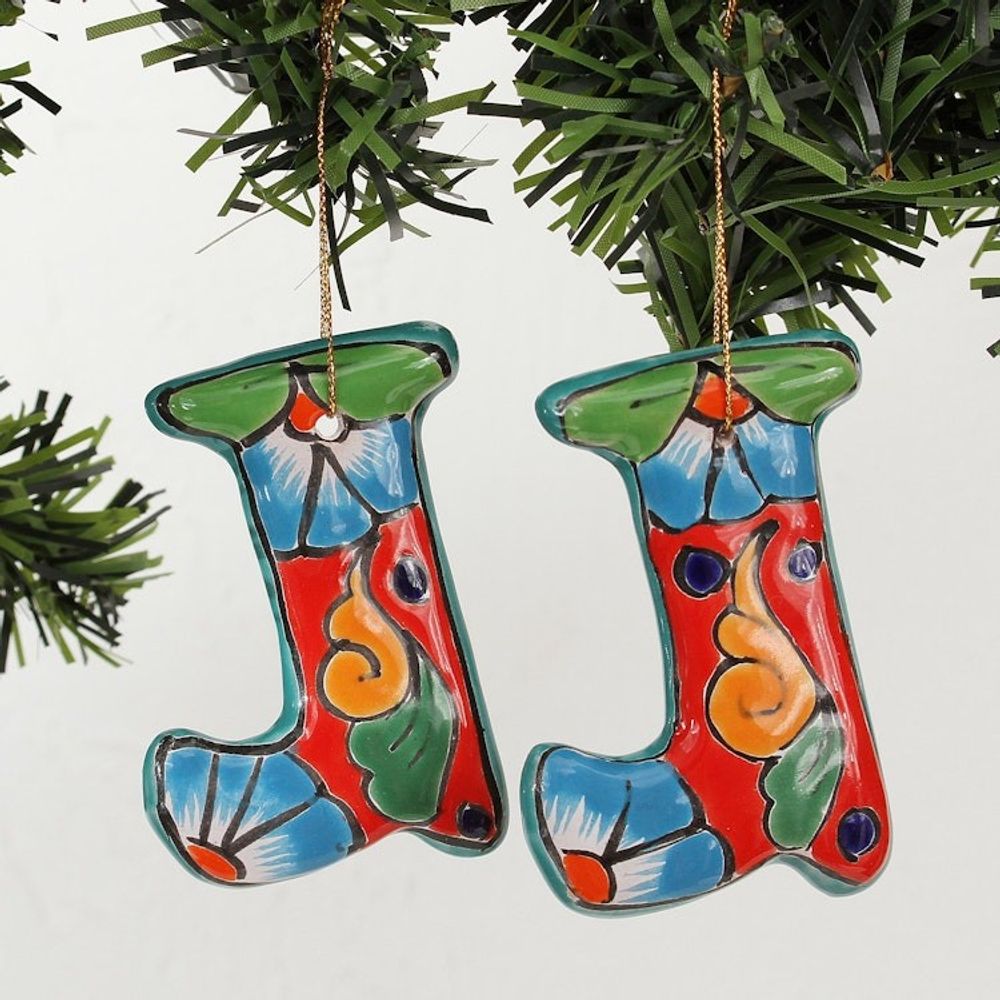 Talavera-Style Ceramic Stocking Ornaments Set of 4 'Talavera Stocking'
